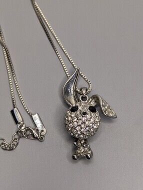 Vintage Articulated Rhinestone Rabbit Pendant Necklace Sparkly Pave Crystal Y2k